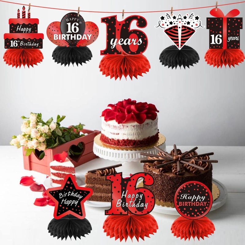 Parfundg Red Black 16th Birthday Decorations Table Honeycomb Centerpieces  8Pcs Happy 16 Year Old Birthday Table Topper Party Supplies for Boys Girls  Sixteen Birthday Table Centerpiece Decor - Image 3